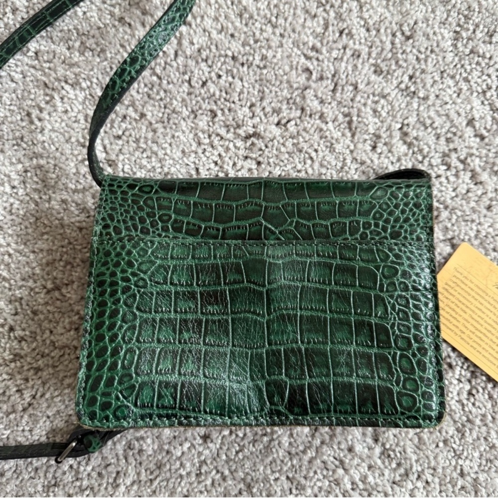 Patricia Nash Christmas pine green leather croc reptile crossbody & wallet  bag - Picture 5 of 16